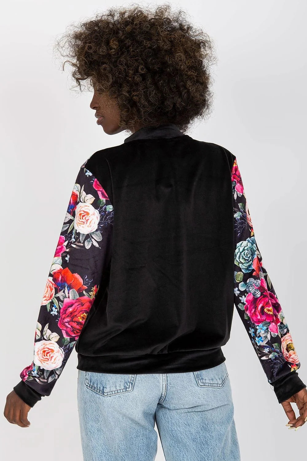 bomber velours noir manches fleuries floral multicolore satinée élasthanne viscose ajustée zippée côtelée poches casual chic