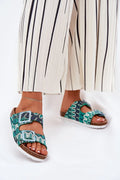 Sandales féminines modernes en tissu motifs abstraits bleu vert blanc cuir suédé semelle liège plateforme talon plat