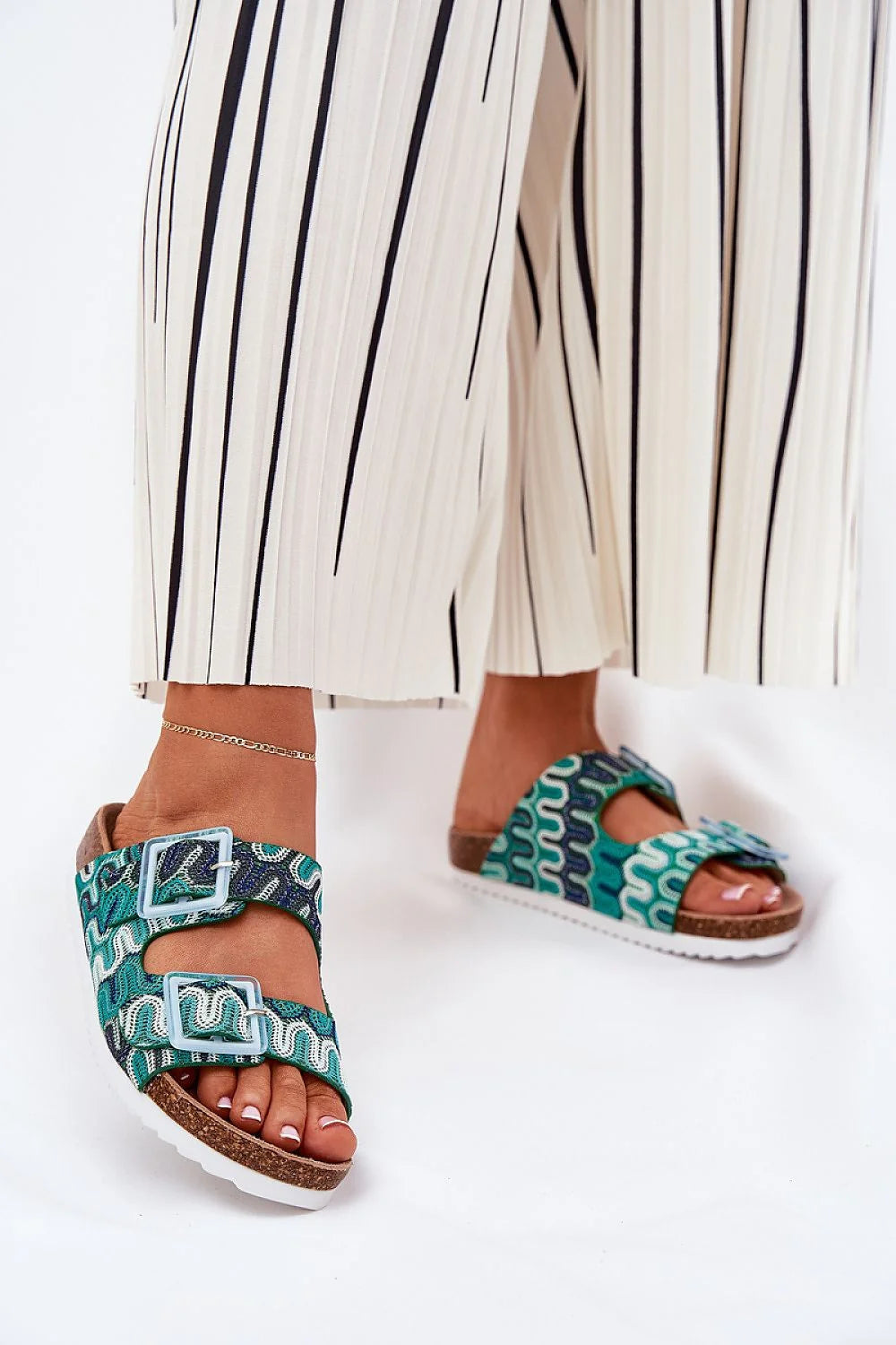 Sandales féminines modernes en tissu motifs abstraits bleu vert blanc cuir suédé semelle liège plateforme talon plat