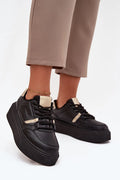 baskets femme plateforme compensée semelle épaisse crantée antidérapante similicuir lisse perforée lacets ronds inserts métallisés dorés maintien renforcé