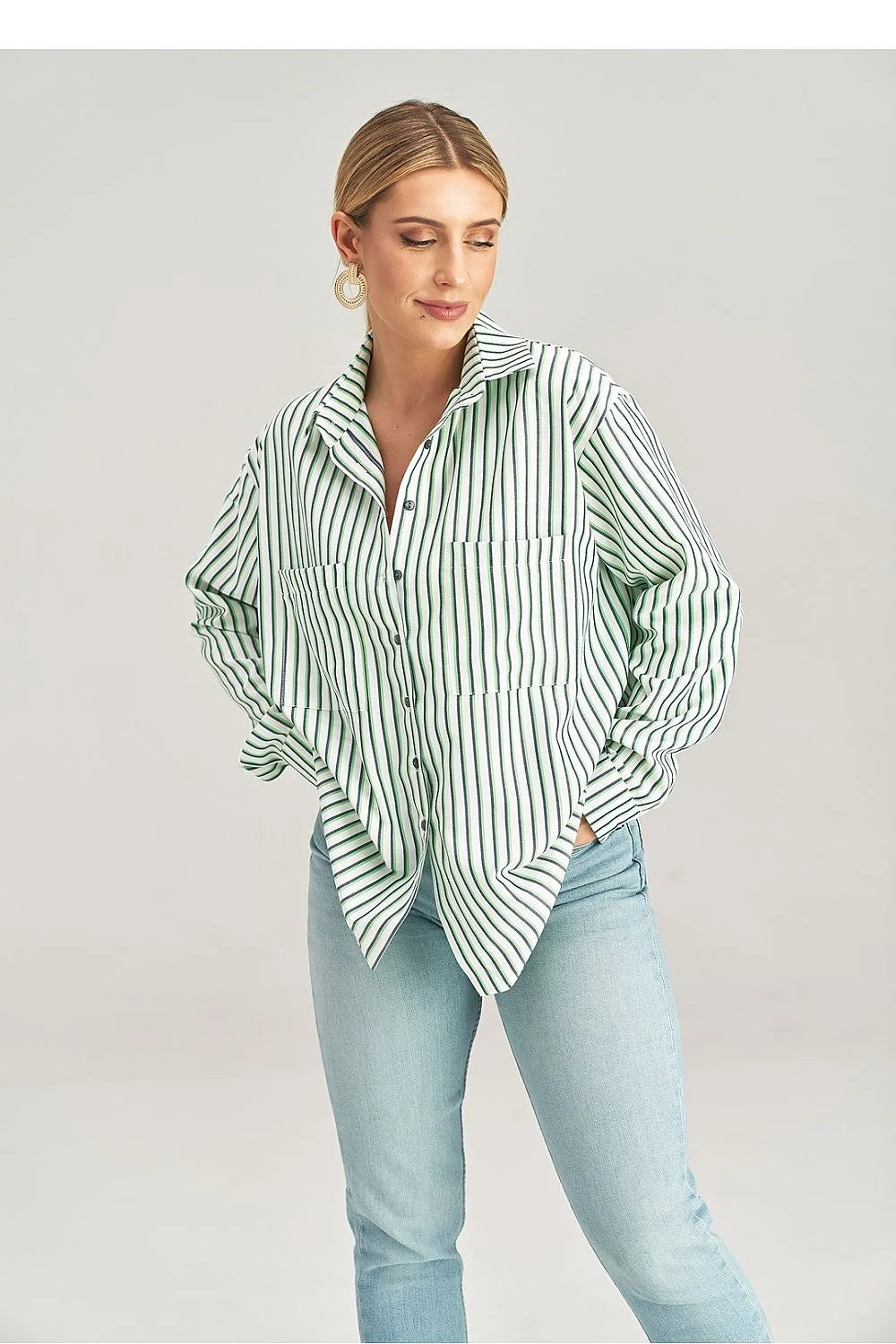 Chemise manche longue asymétrique rayures verticales polyester viscose femme taille S/M L/XL style casual chic