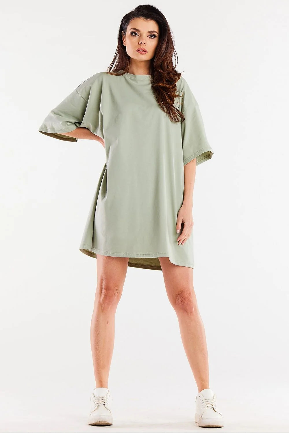 robe tshirt oversize coton lycra mélange doux stretch kaki sauge coupe droite épaules tombantes manches larges col rond courte élégante
