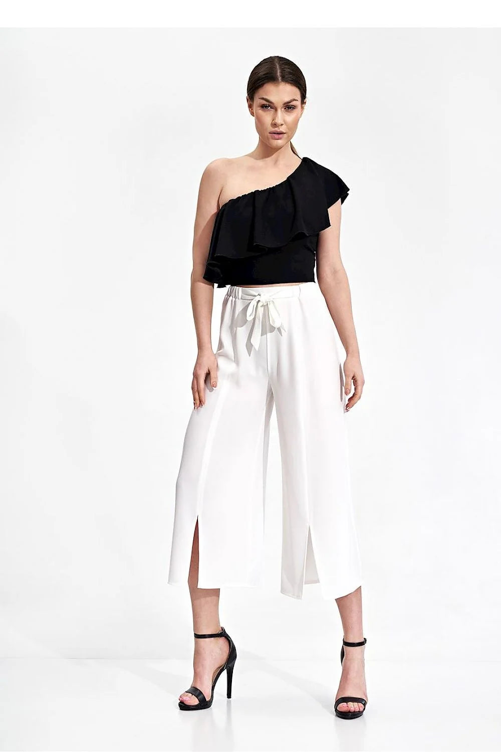 Pantalon femme Figl asymétrique culotte vert vif ceinture nouée coupe ample polyester 100% taille ajustable occasion élégante