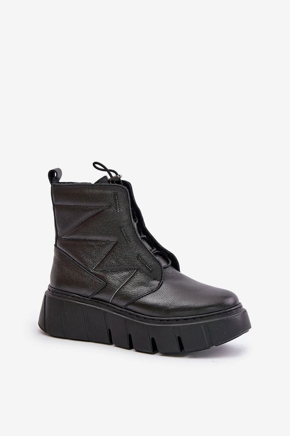 bottines femme cuir noir moderne audacieux motifs zigzag relief talon compensé plateforme semelle crantée antidérapante lacets décoratifs fermeture zippée