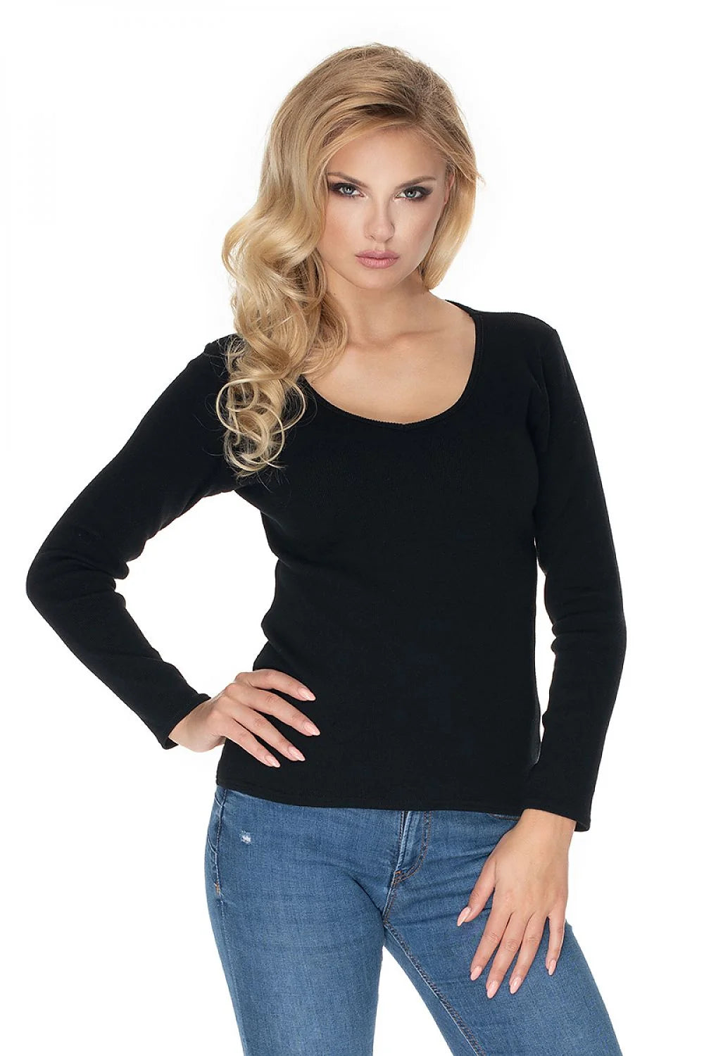 Pull femme coton élasthanne ajusté manches longues col rond élégant style minimaliste classique polyvalent