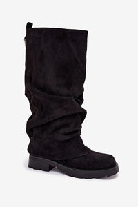 bottes cuissardes femme simili daim doublée fourrure chaude confortable talon plat semelle crantée tige froncée plissée bout rond