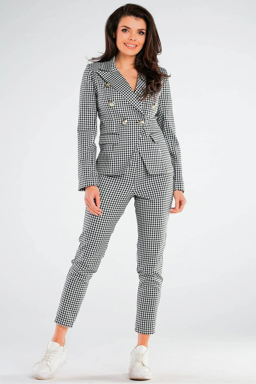 pantalon femme taille ajustable coupe ajustée cigarette cheville motifs carreaux beige marron noir tissu structuré confortable extensible polyester viscose élasthanne