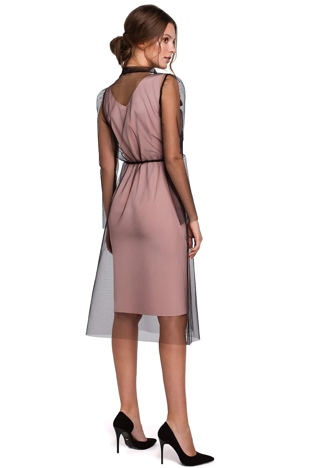 Robe cocktail tulle noir élégante moderne vieux rose superposée nœud transparent femme chic tendance