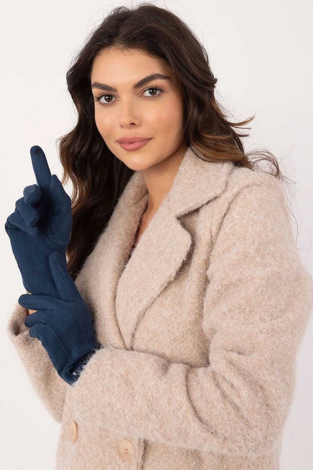 Gants élégants pour femmes en matériau lisse et isolant bleu profond boutons décoratifs fleur brodée index téléphone sans enlever gants coton élasthanne polyester