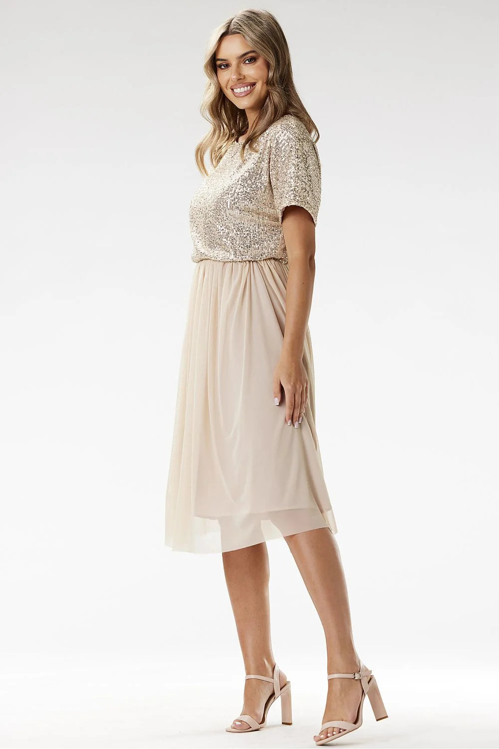 Robe de soirée élégante longueur midi manches courtes paillettes dorées tulle doublé Awama femme occasion spéciale