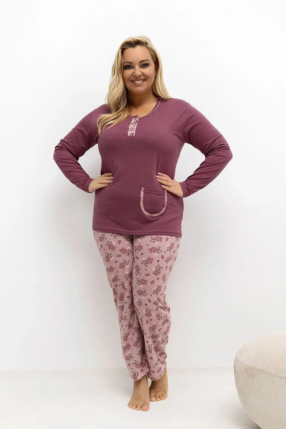 pyjama femme grande taille deux pièces confortable manches longues col rond plastron boutonné poche pantalon imprimé floral prune