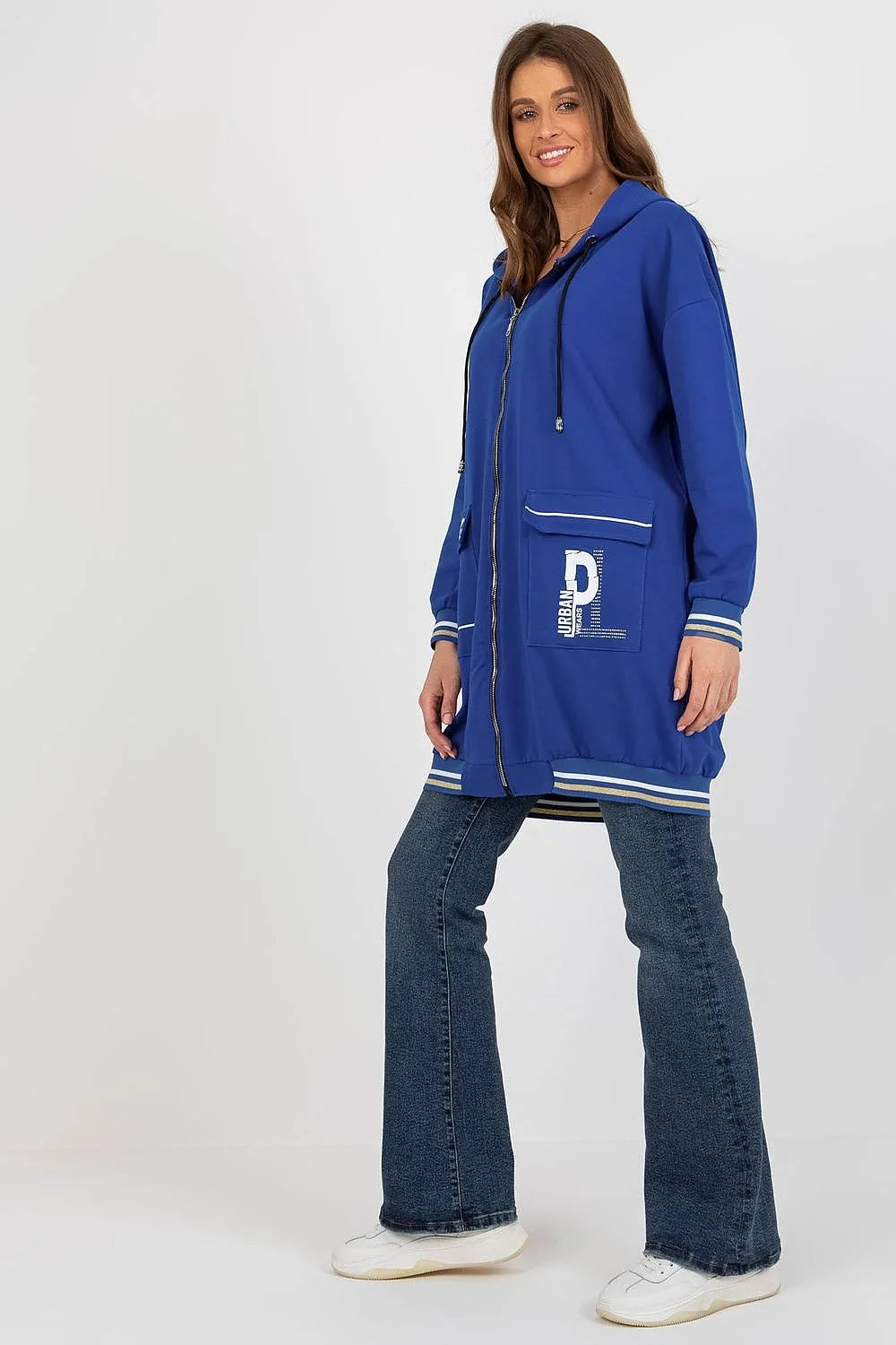 Sweatshirt Relevance pour femme, oversized, design urbain moderne, manches longues, fermeture éclair intégrale, poches grandes, coton élasthanne, tailles S/M-L/XL