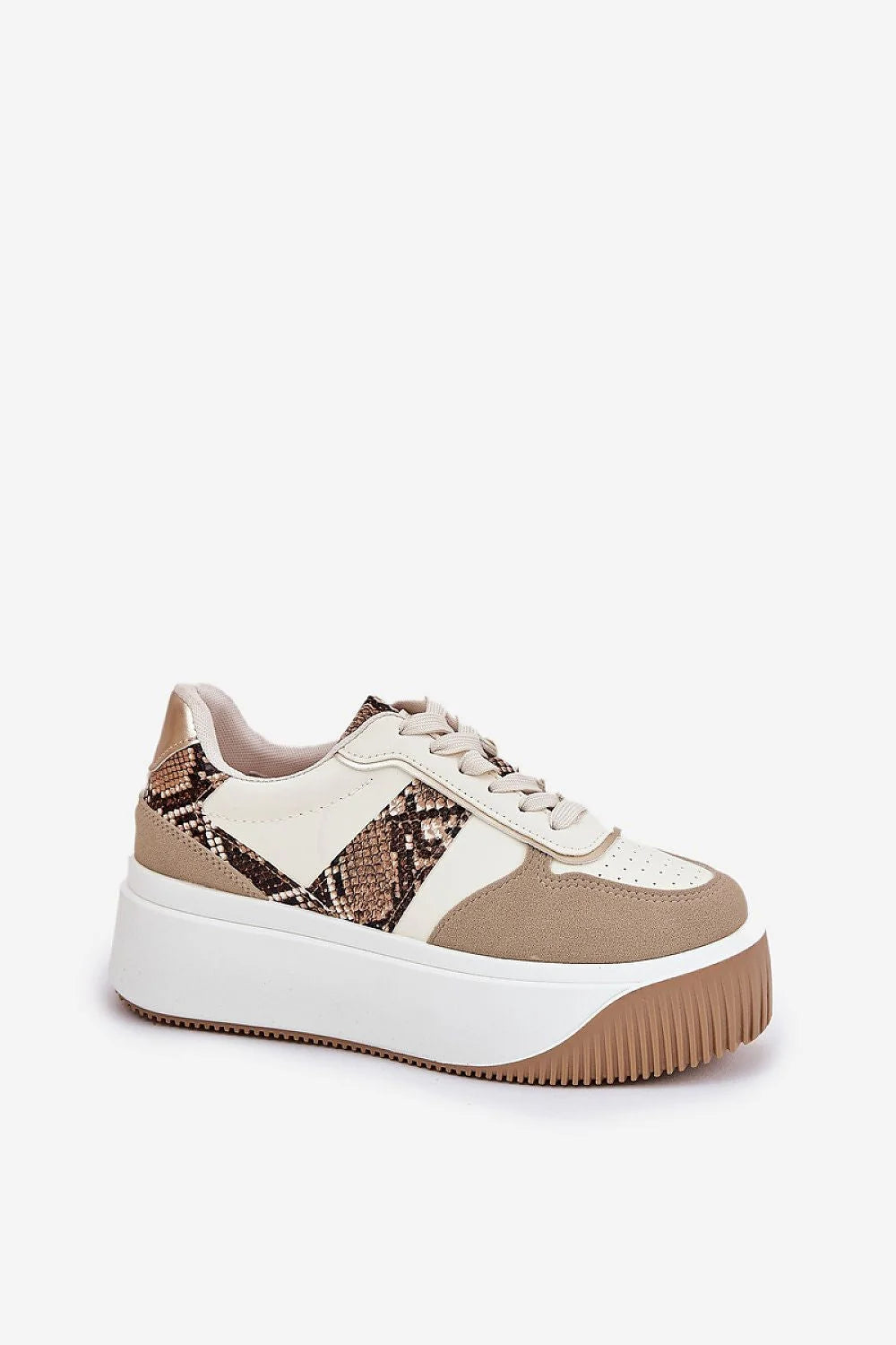 Chaussures de sport Step in style Sneakers femmes design moderne matériau serpent imprimé cuir synthétique beige blanc cassé semelle épaisse plateforme 5 cm tige 8 cm