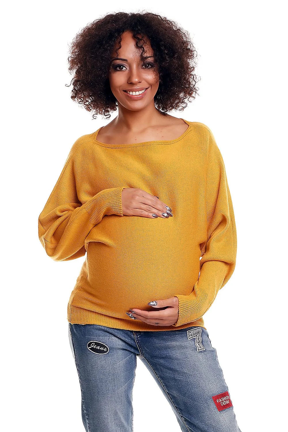pull grossesse oversize court maille tricotée moutarde coupe ample col bateau manches ballon longues côtelées poignets maintien confort doux respirant