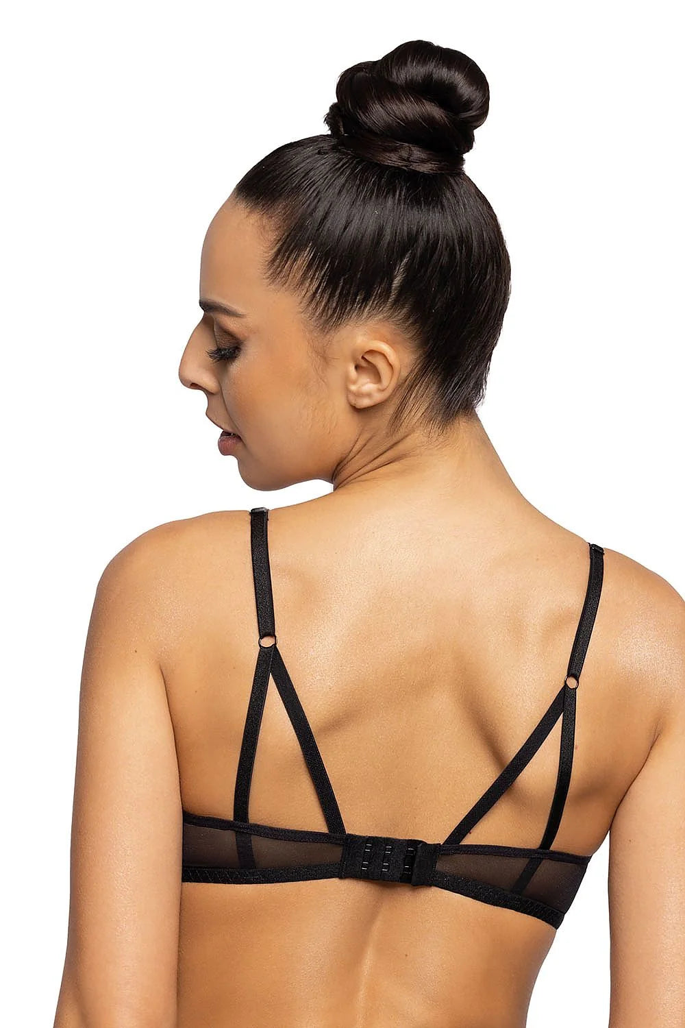 Soutien-gorge push-up élégant en tulle noir transparent, bretelles ajustables, pendentif métallique, coupe balconnet, lingerie féminine