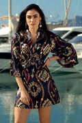 Peignoir satin polyester élégant motifs baroques dorés rouge marine ajustable femmes occasions spéciales