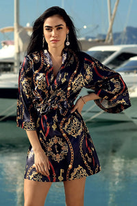 Peignoir satin polyester élégant motifs baroques dorés rouge marine ajustable femmes occasions spéciales