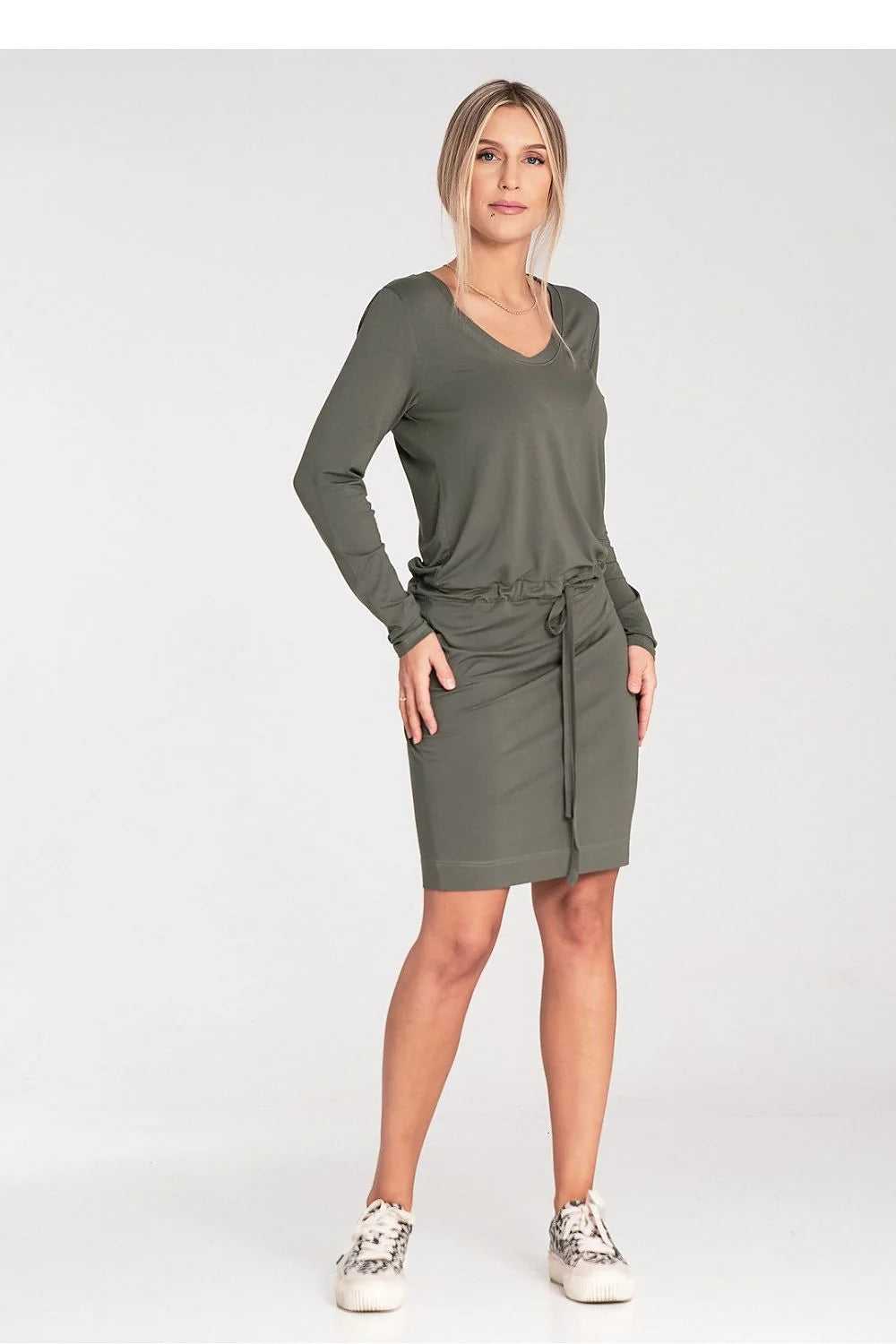 Robe femme décontractée vert olive manches longues encolure V taille ajustable élasthanne viscose polyvalente occasion quotidienne