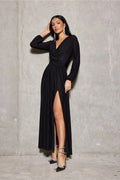 Robe longue élégante noire pailletée en brocart V-neck manches longues taille ajustée fente haute soirée femme
