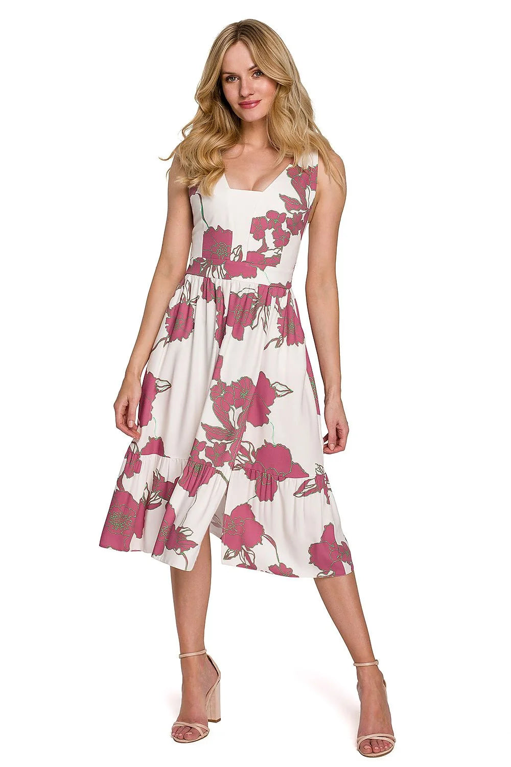 Robe midi en viscose sans manches féminine élégante avec imprimé floral pour l'été décontracté