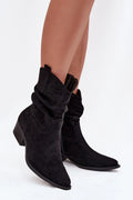 bottines femme suédine écologique noir tige froncée bout pointu talon bloc moyen confort stabilité fermeture éclair surpiqûres décoratives