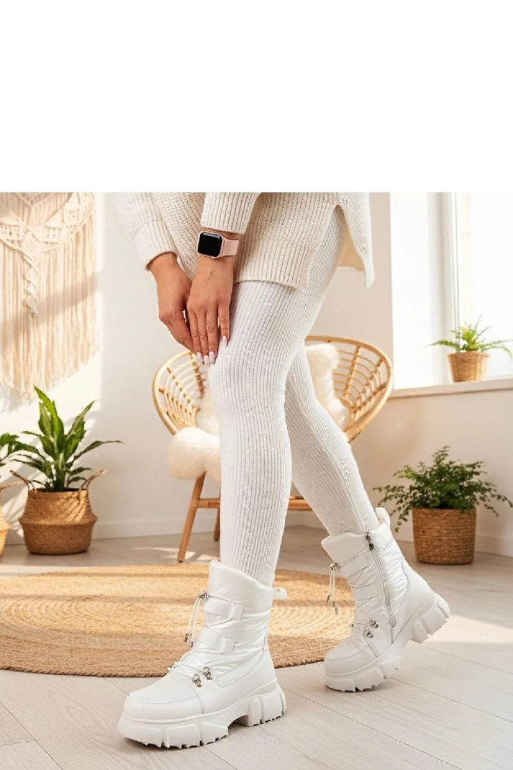 bottes neige blanches nacrées Gemre Jassi montantes chunky plateforme 5cm semelle crantée antidérapante doublure fourrure synthétique matelassées urbaines