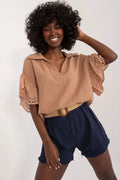 Haut et short bohème femme tissu léger couleur marron clair bleu marine franges ceinture paille broderies manches larges coupe ample été tendance