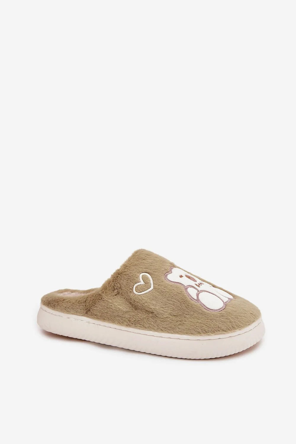 pantoufles fourrure fausse femme kaki mules slipon bout ferme motif ours brodé coeur semelle épaisse blanche antidérapante caoutchouc rembourrée moelleux