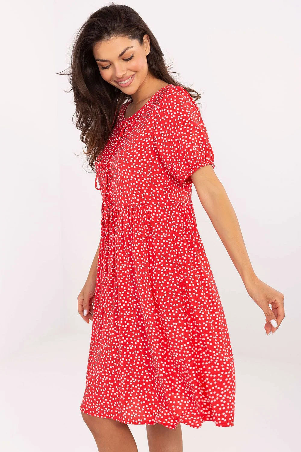 Robe d'été élégante et décontractée en rouge vif avec pois blancs A-line élastique taille ajustable manches courtes col rond à nouer polyester non transparent femme