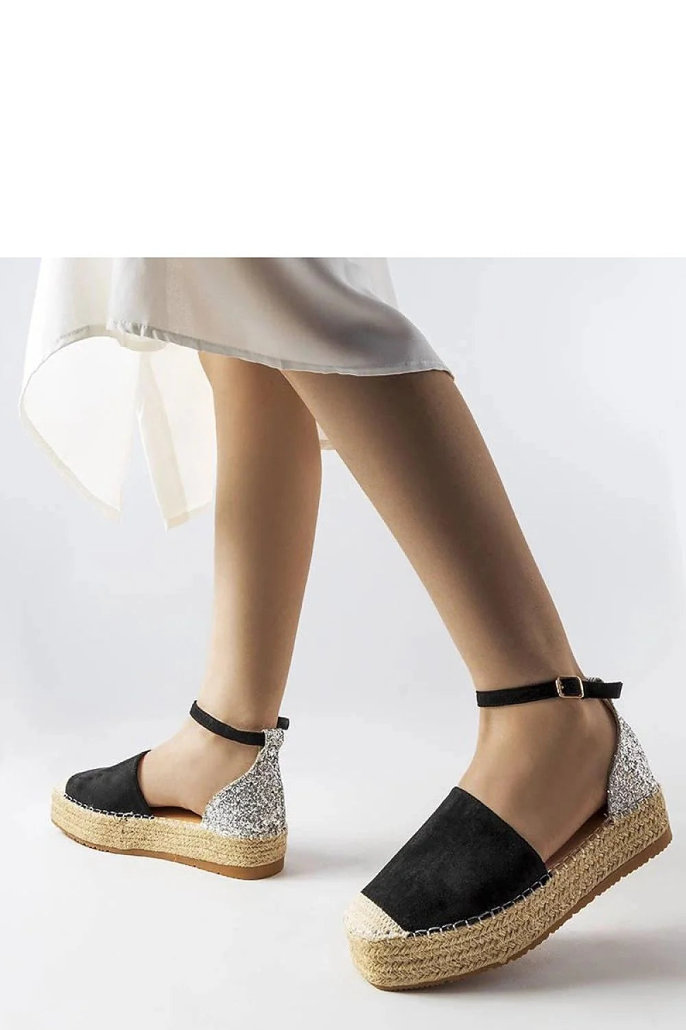 espadrille femme chic paillettes argentées toile noire semelle corde plateforme embout tressé naturel bride cheville réglable boucle dorée