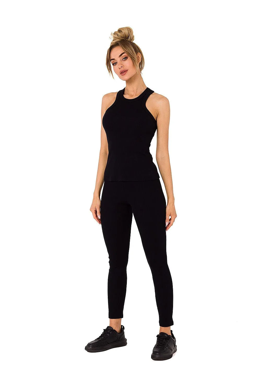 ensemble sportif femme maille côtelée vert émeraude ajusté débardeur col rond sans manches pantalon taille haute extensible respirant