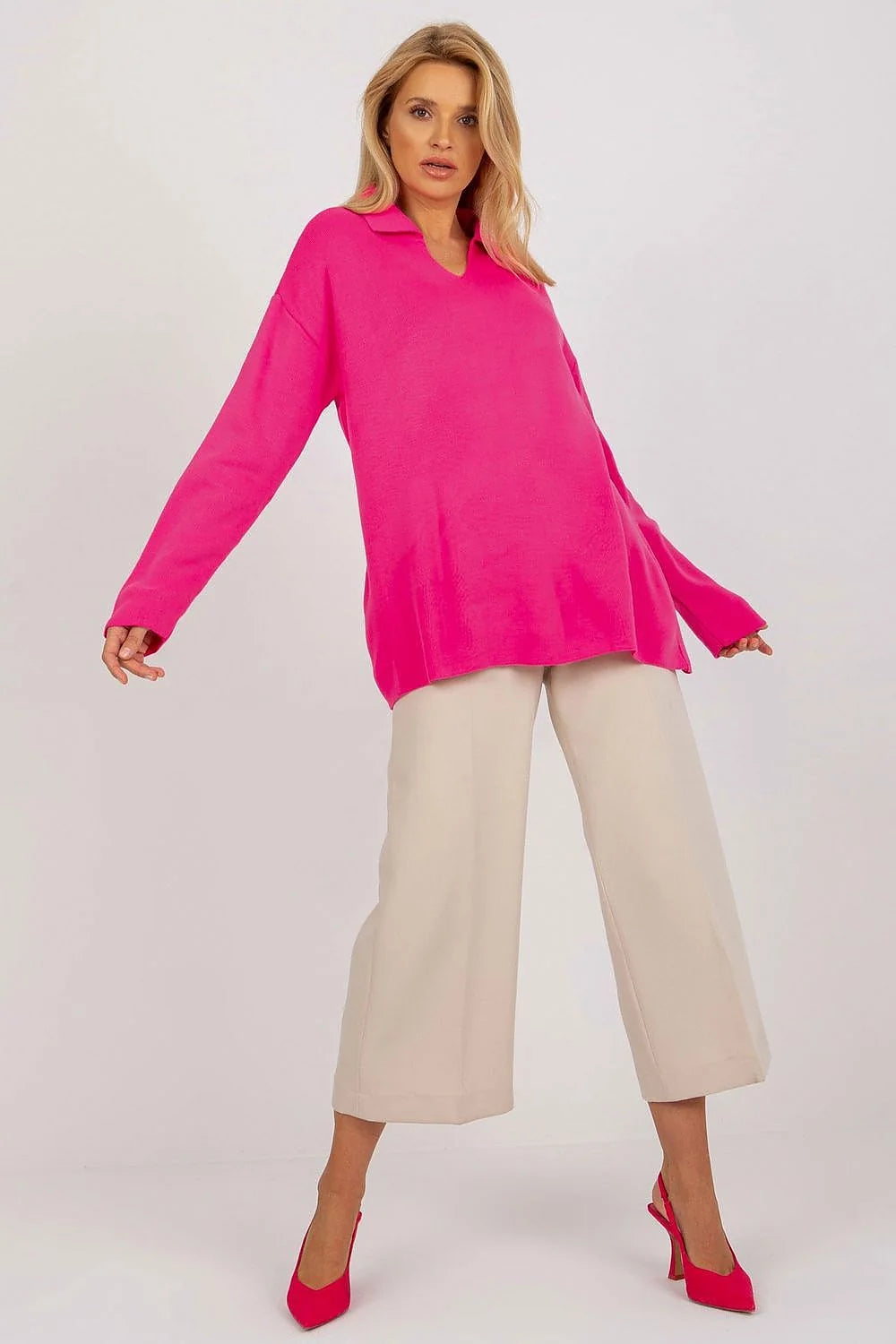 Pull-over femme Rue Paris rouge vif ample manches longues encolure ras du cou acrylique 100% tailles universelles mode Casual