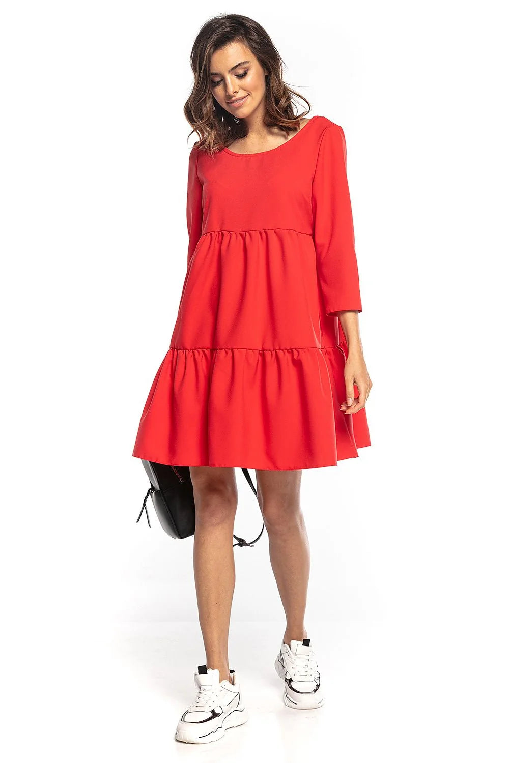 Robe ample polyester élasthanne décontractée élégante manches trois-quarts col rond bleu canard automne femmes