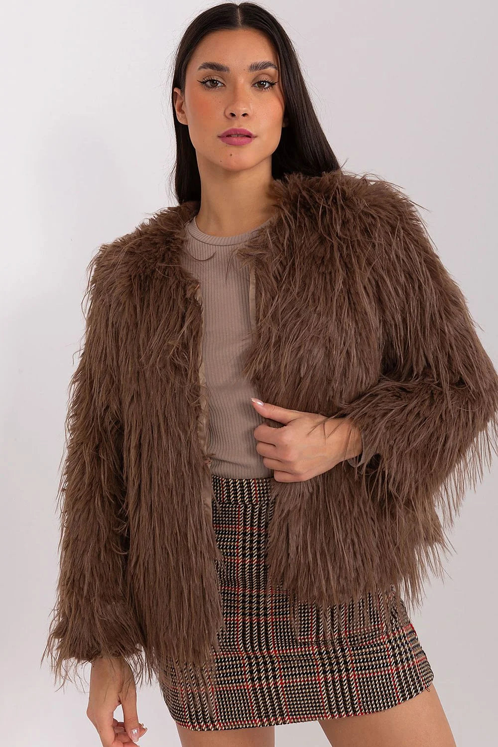 Veste fausse fourrure marron coupe ample style bohème chic printemps-hiver veste transition femme