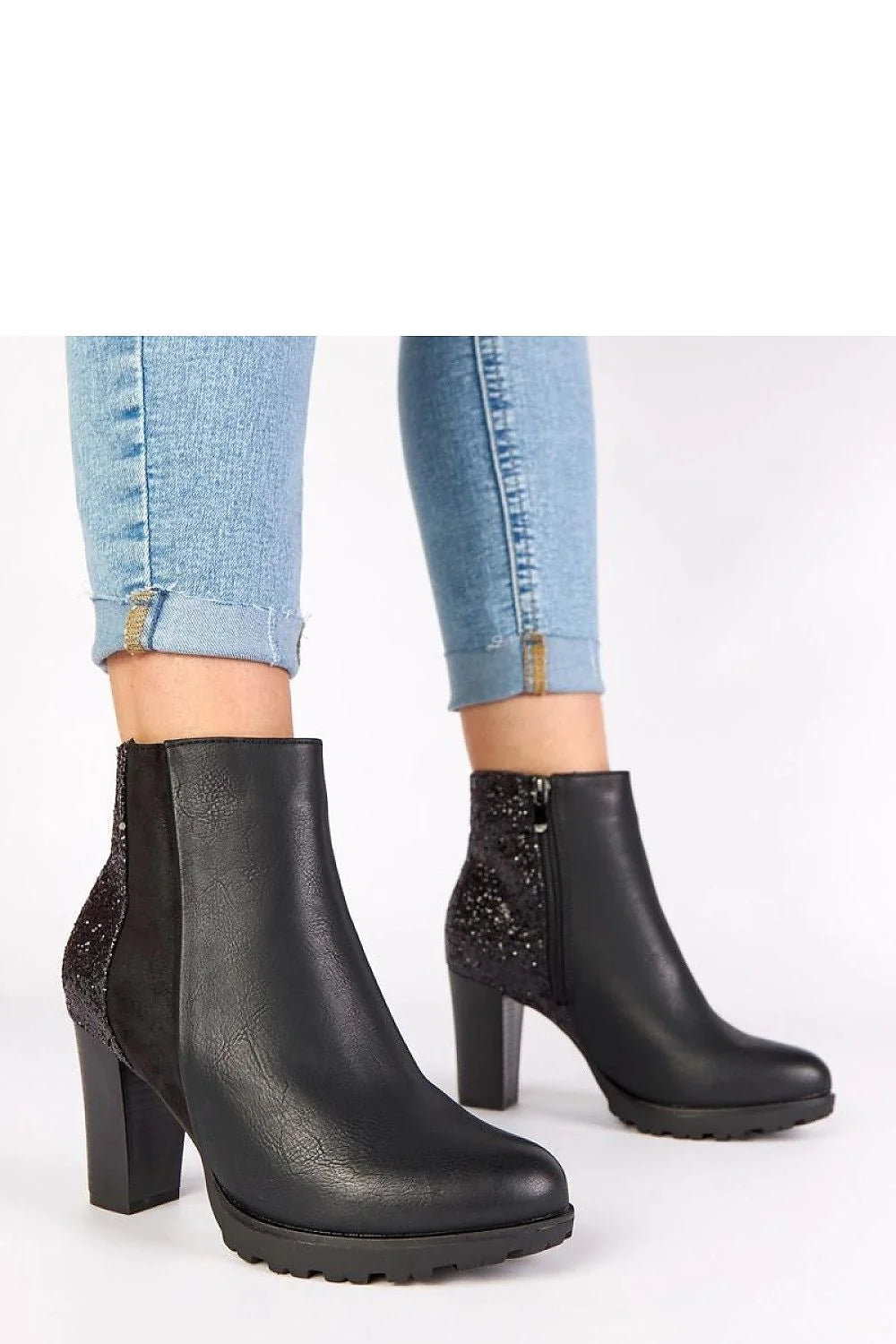 bottines noires femme montantes talon 8cm carré stable similicuir pointe amande dos brocart ambre suède pailleté semelle crantée antidérapante confort
