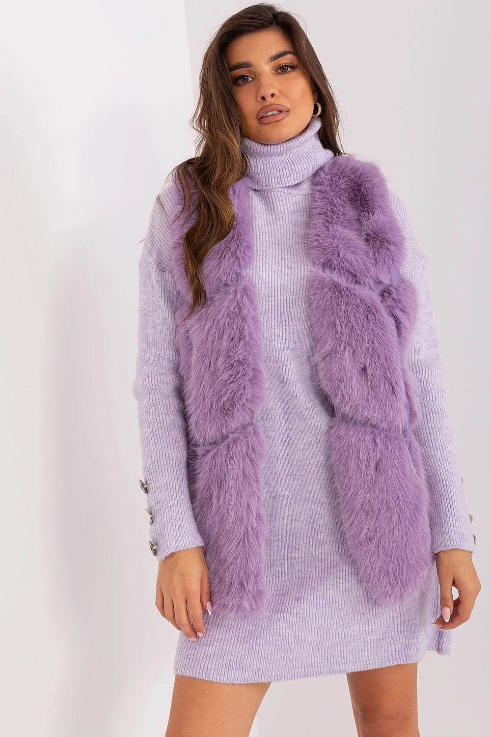 Robe col roulé fausse fourrure veste sans manches automne hiver printemps femme mode chic élégant