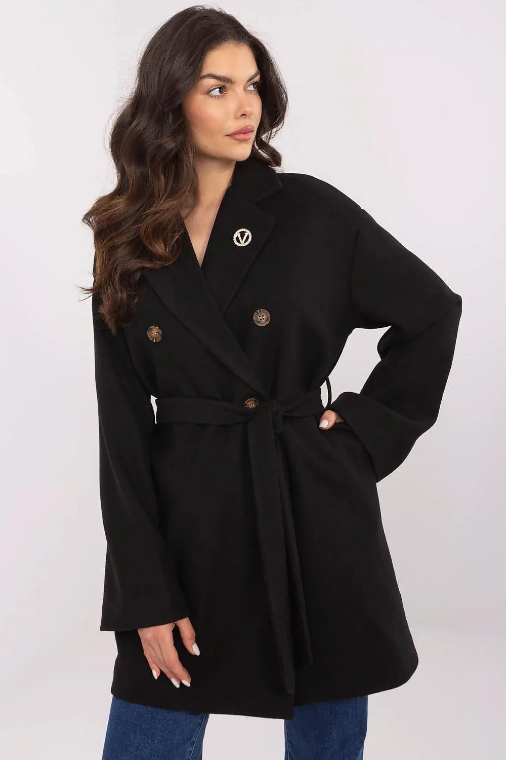 Manteau élégant transition pour femmes en polyester coupe classique col à revers ceinture broche métallique style polyvalent automne-hiver-printemps longueur courte confort durabilité