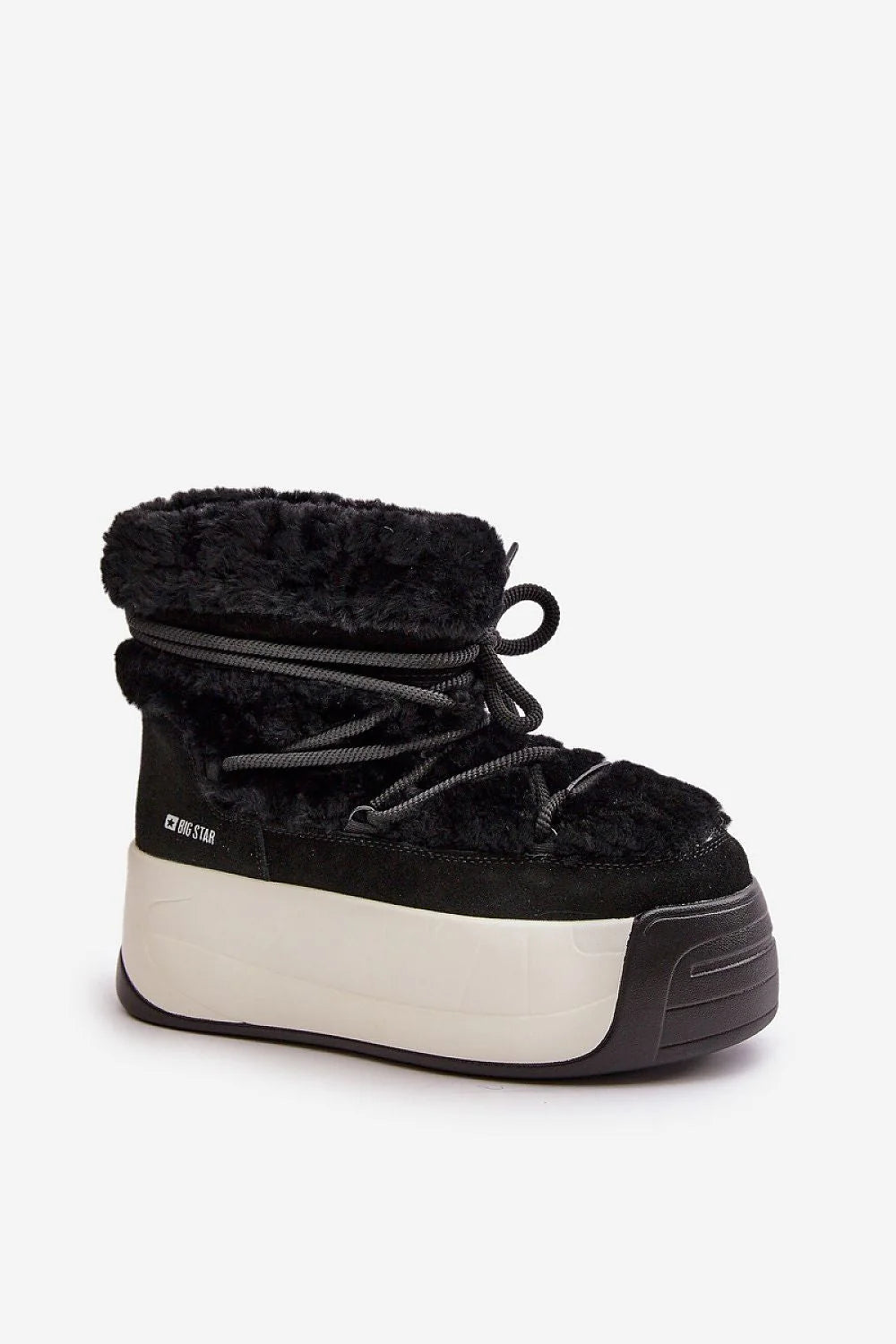 bottes neige femme BigStar suédine noir montantes fourrure intérieure lacées cordon bout rond plateforme épaisse antidérapante chunky urbain isolante chaude