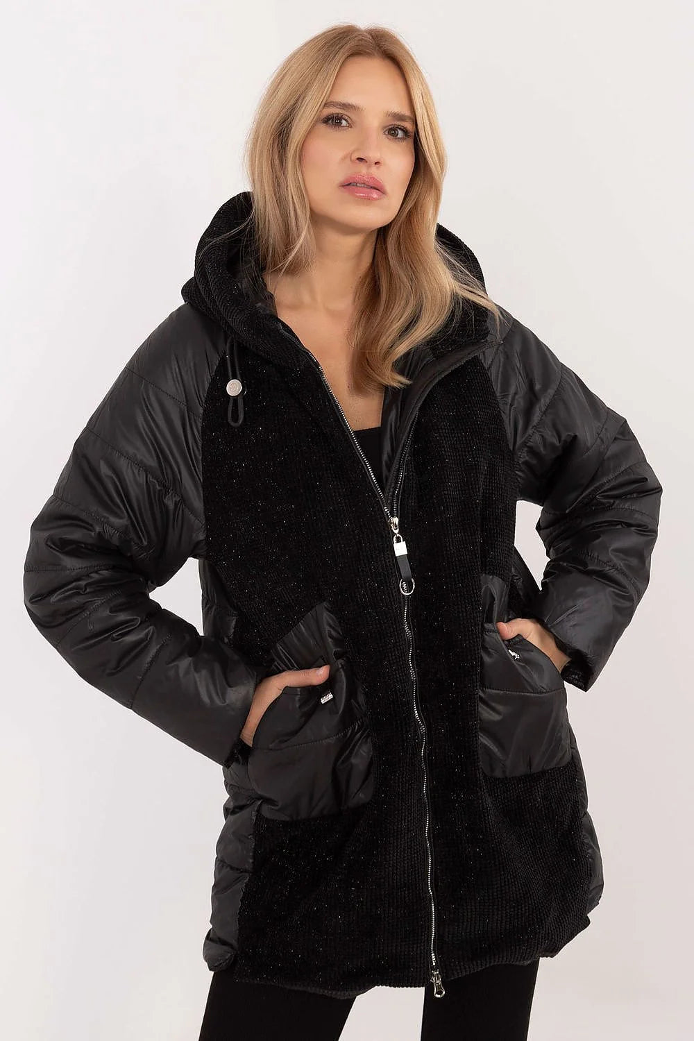Veste pour femme longue ample velours côtelé fermeture éclair capuche matelassé polyester hiver printemps