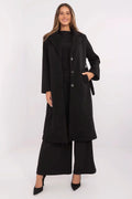 Manteau élégant pour femme long noir coupe droite épaules définies finitions luxueuses polyester elastane