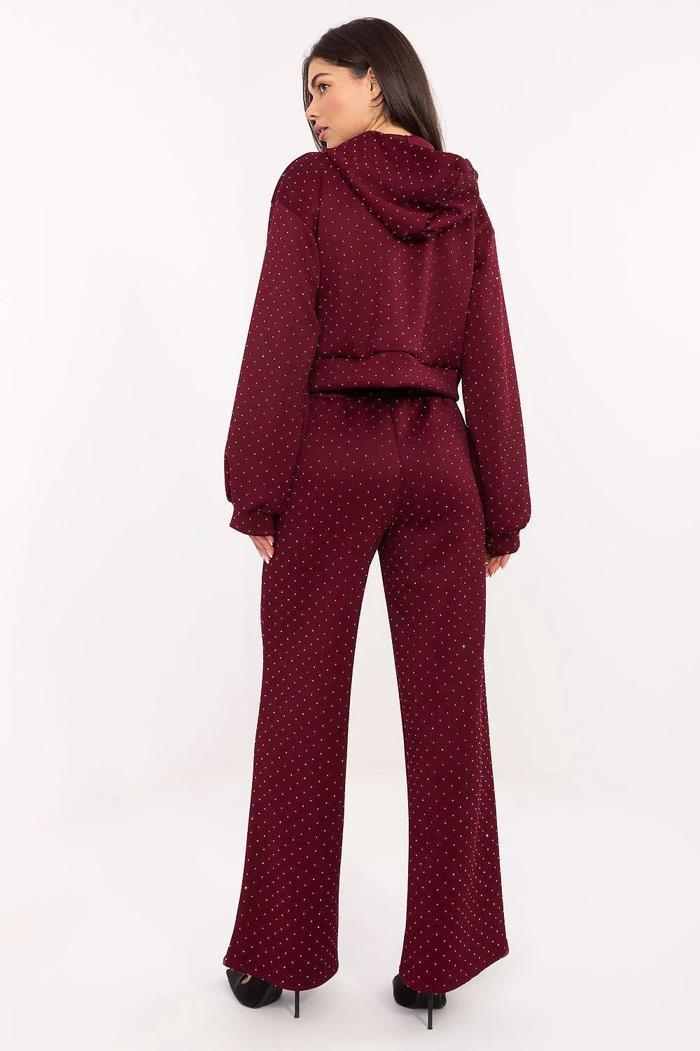 ensemble survêtement bordeaux pois blancs sweat capuche zippé court pantalon taille haute jambe large tissu stretch toucher doux