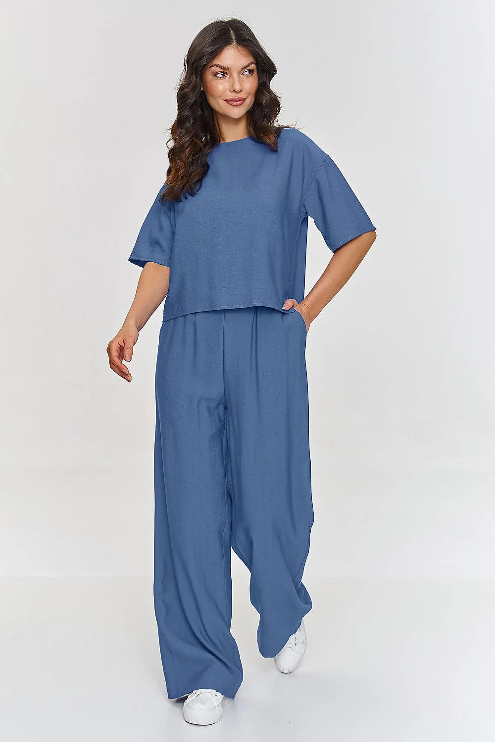 Ensemble Makadamia pour femme élégant printemps été chemisier ample manches courtes pantalon large bleu ardoise