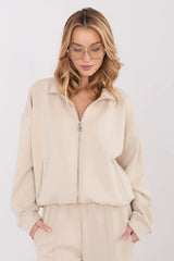 sweatshirt femme zippé oversize beige crème col montant manches longues poches latérales molletonné doux extensible