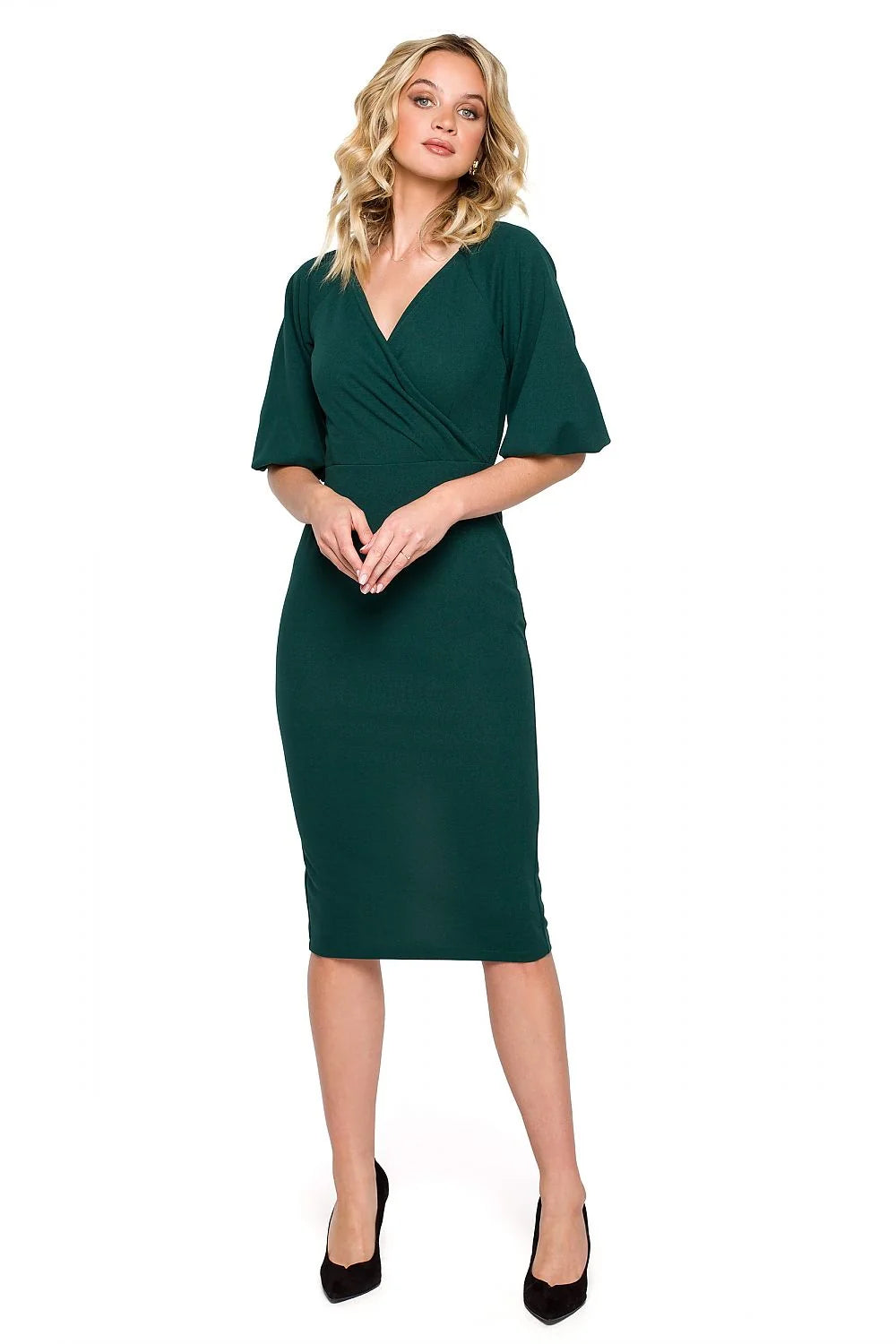 Robe de soirée élégante vert foncé décolleté en V manches courtes silhouette fourreau lycra polyester femme