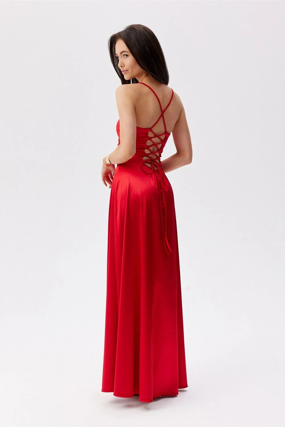 Robe longue élégante Roco Fashion à fines bretelles décolleté croisé fente latérale en tissu satiné rouge vif pour femme occasion formelle