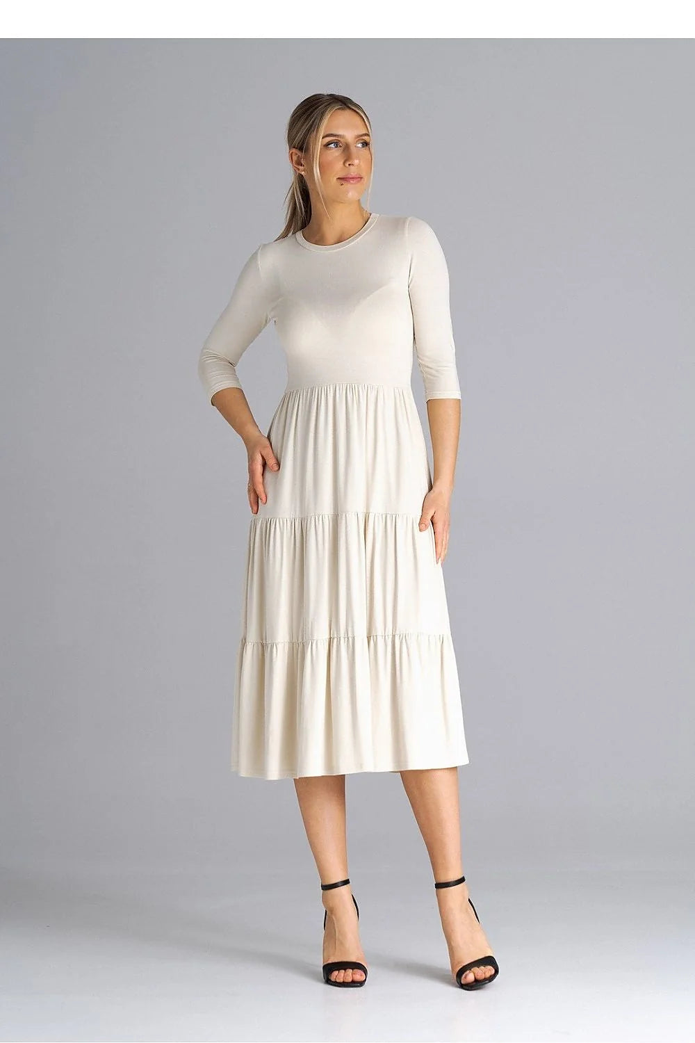 Robe de jour Figl midi manches 3/4 tissu doux ivoire ajustée taille volants subtils femme polyvalente