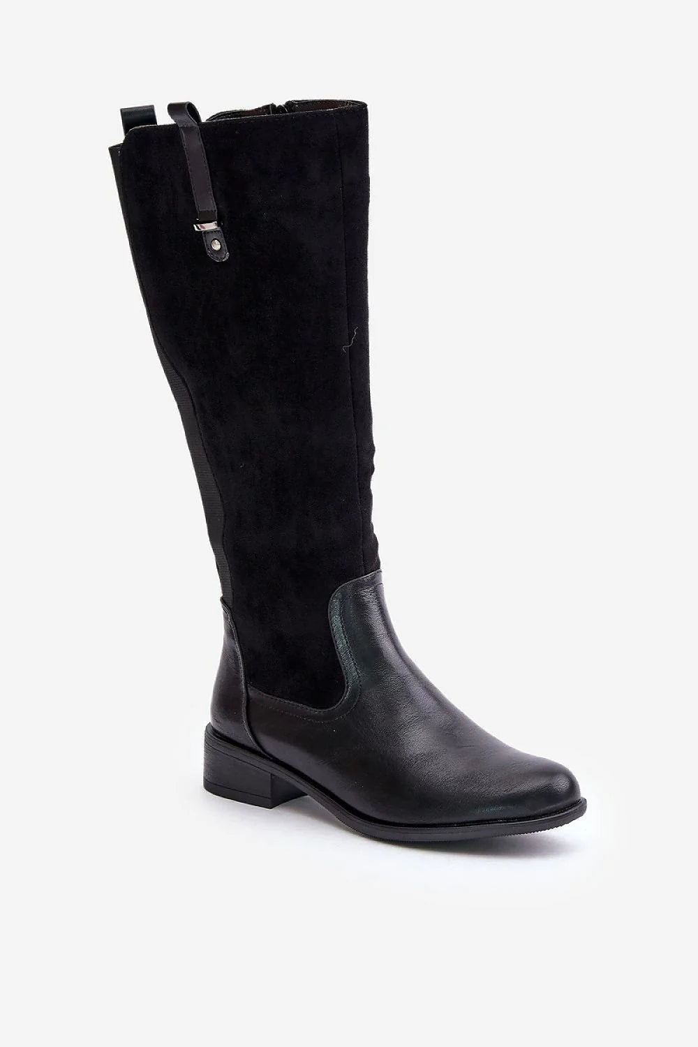 Bottes cuissardes élégantes femmes cuir lisse daim noir talon bas large style moderne intemporel