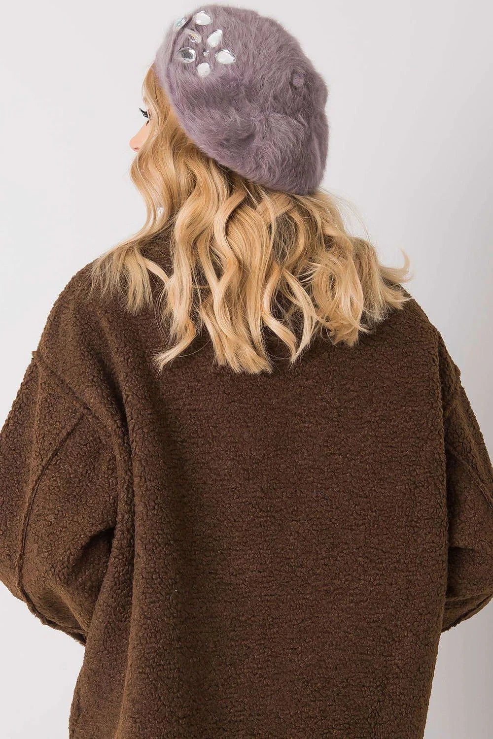 Veste ample en laine bouclée marron chic et béret violet strass décontractés automne-hiver femmes