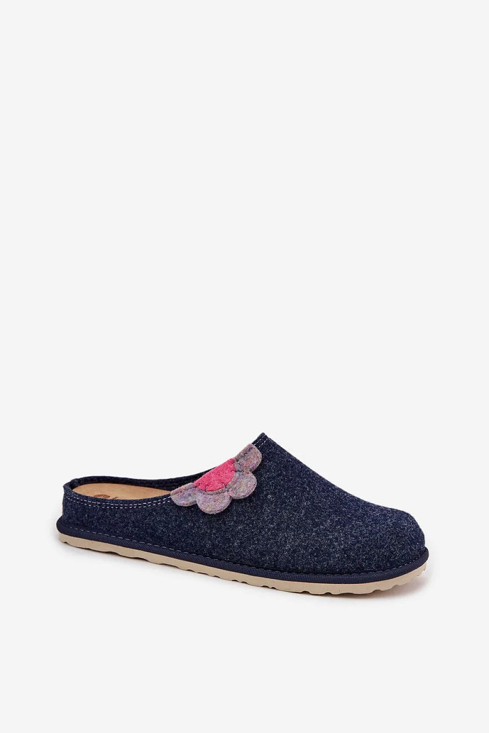 pantoufles femmes Inblu mules slipon bout fermé feutre bleu marine fleur feutrine rose lilas semelle crantée antidérapante cuir profilée confort