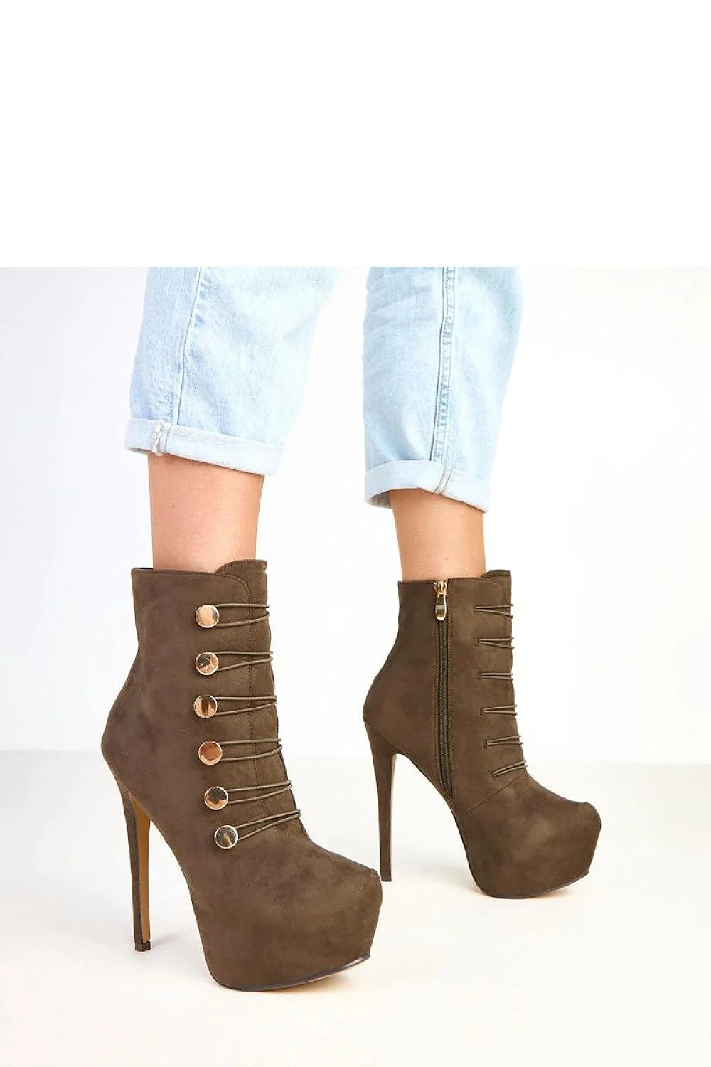bottines femme cuir suédé écologique chocolat talon aiguille haut plateforme compensée 4cm bout pointu élancé tige 13cm boutons dorés